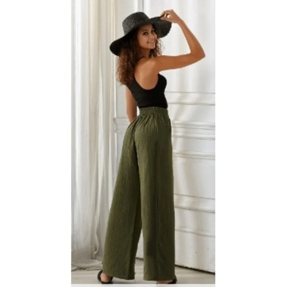 NOFLICK NWT Olive 100% Cotton‎ Wide Leg Smocked Waist Relaxed Flowy Pants M